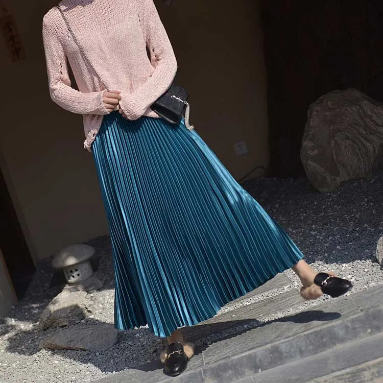 High Waist Women Long Vintage Pleated Casual Top Brand Ladies Maxi Skirt