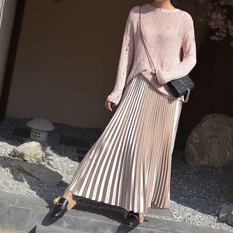 High Waist Women Long Vintage Pleated Casual Top Brand Ladies Maxi Skirt