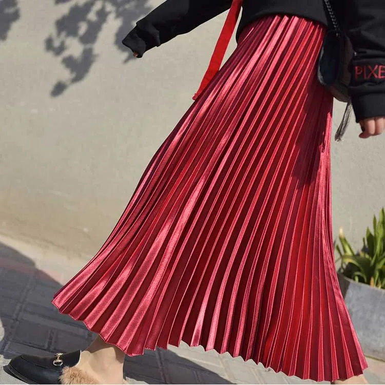 High Waist Women Long Vintage Pleated Casual Top Brand Ladies Maxi Skirt