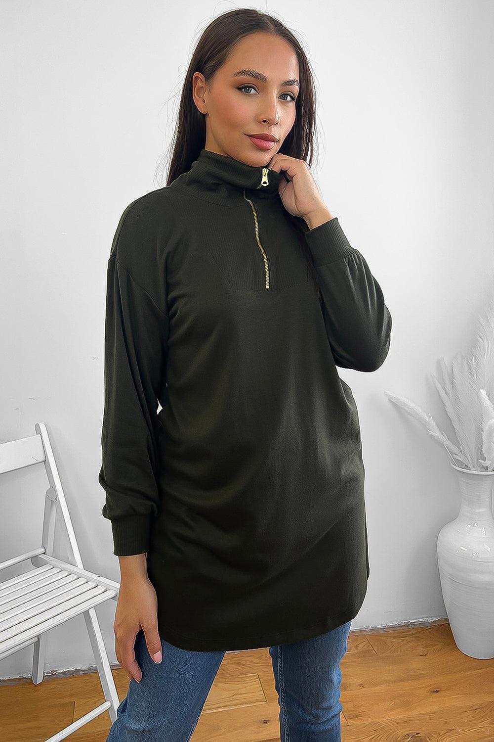 High Zipped Neck Longline Thin Pullover