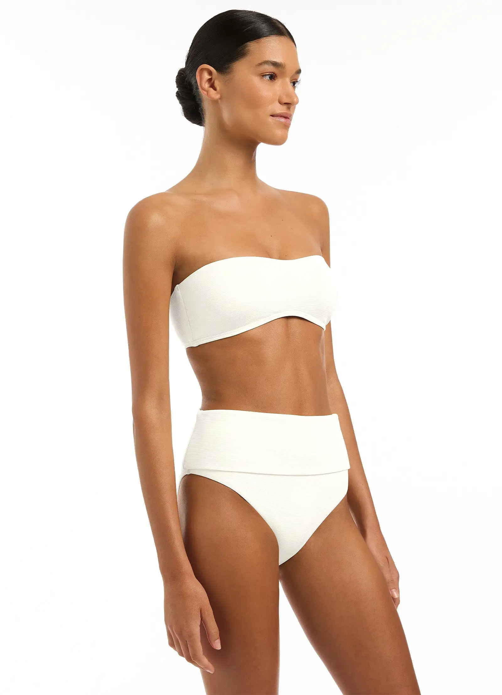 Isla Rib Fold Down High Waisted Bikini Bottom - Cream