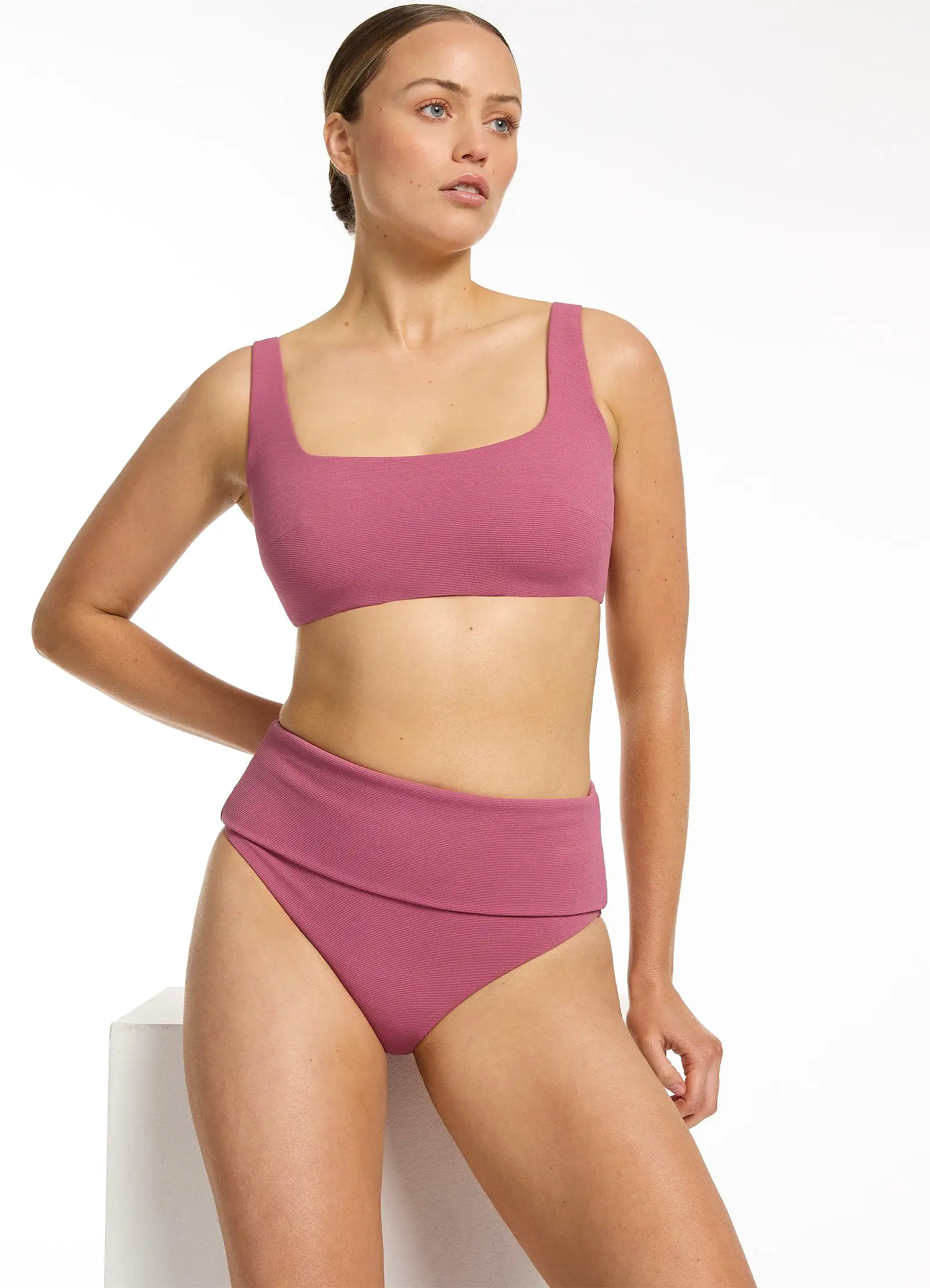 Isla Rib Fold Down High Waisted Bikini Bottom - Mauve