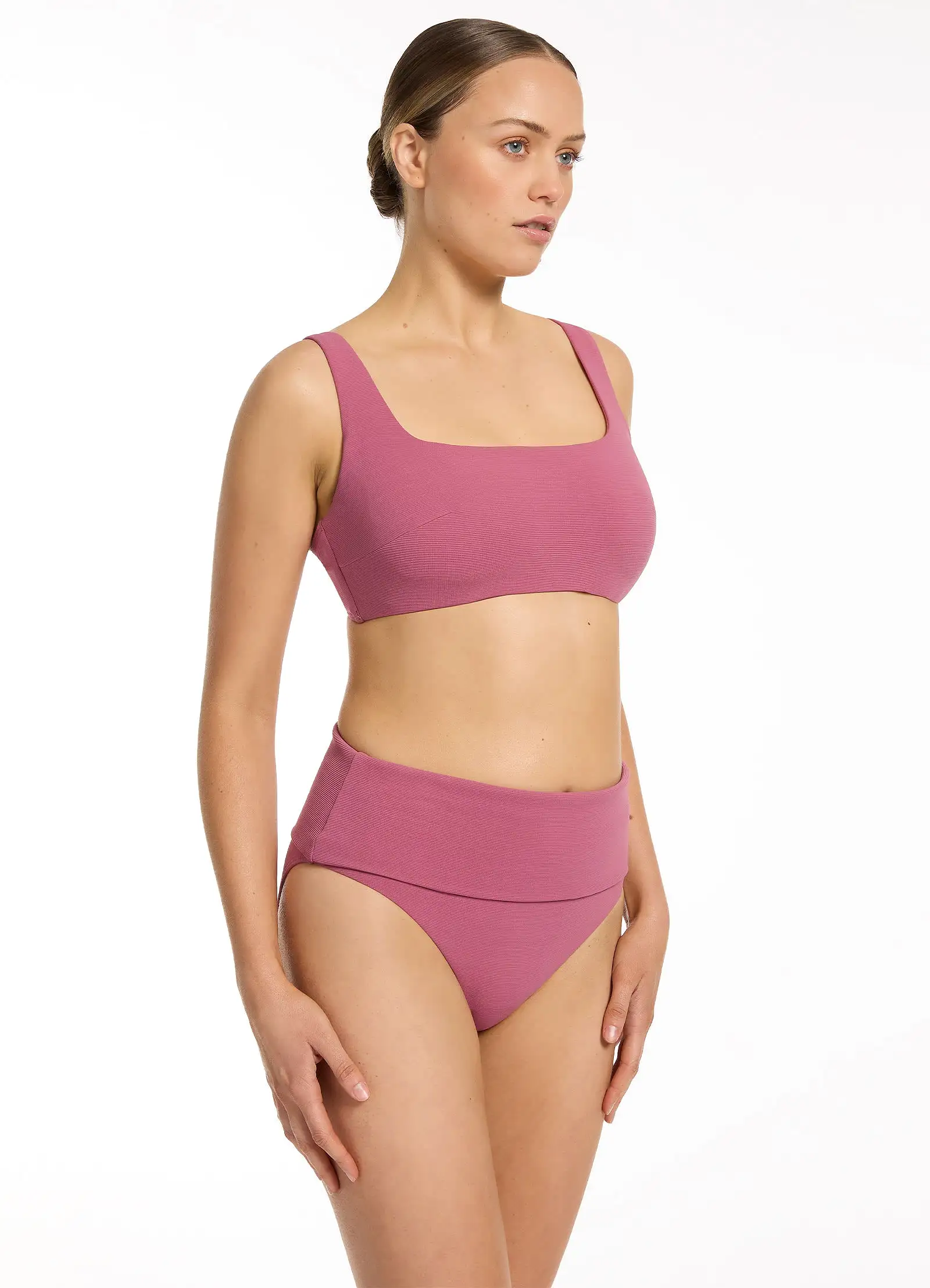 Isla Rib Fold Down High Waisted Bikini Bottom - Mauve