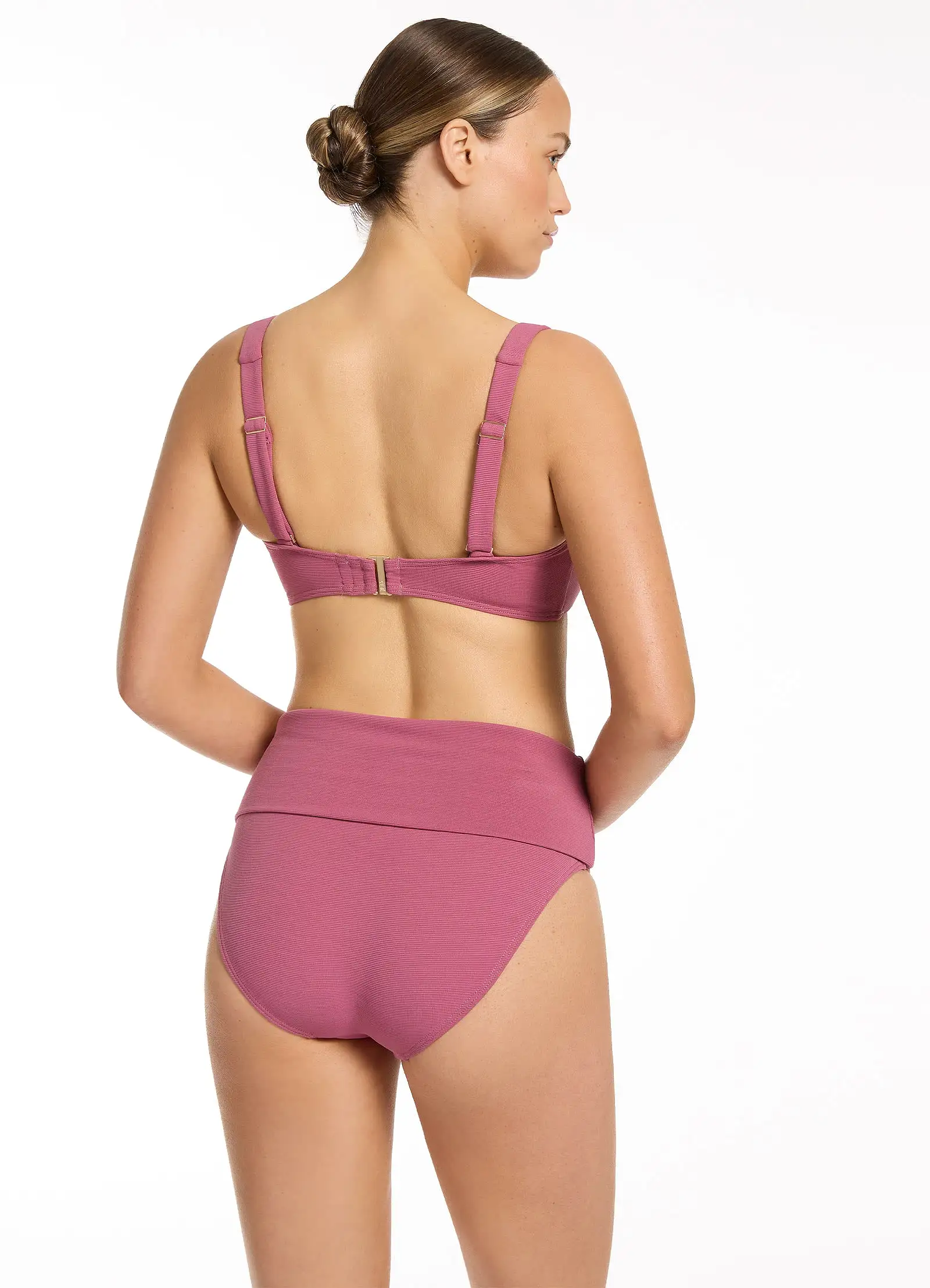 Isla Rib Fold Down High Waisted Bikini Bottom - Mauve