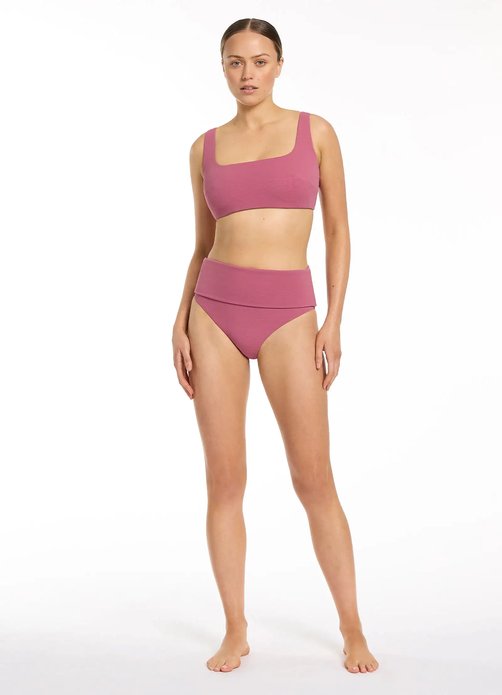 Isla Rib Fold Down High Waisted Bikini Bottom - Mauve