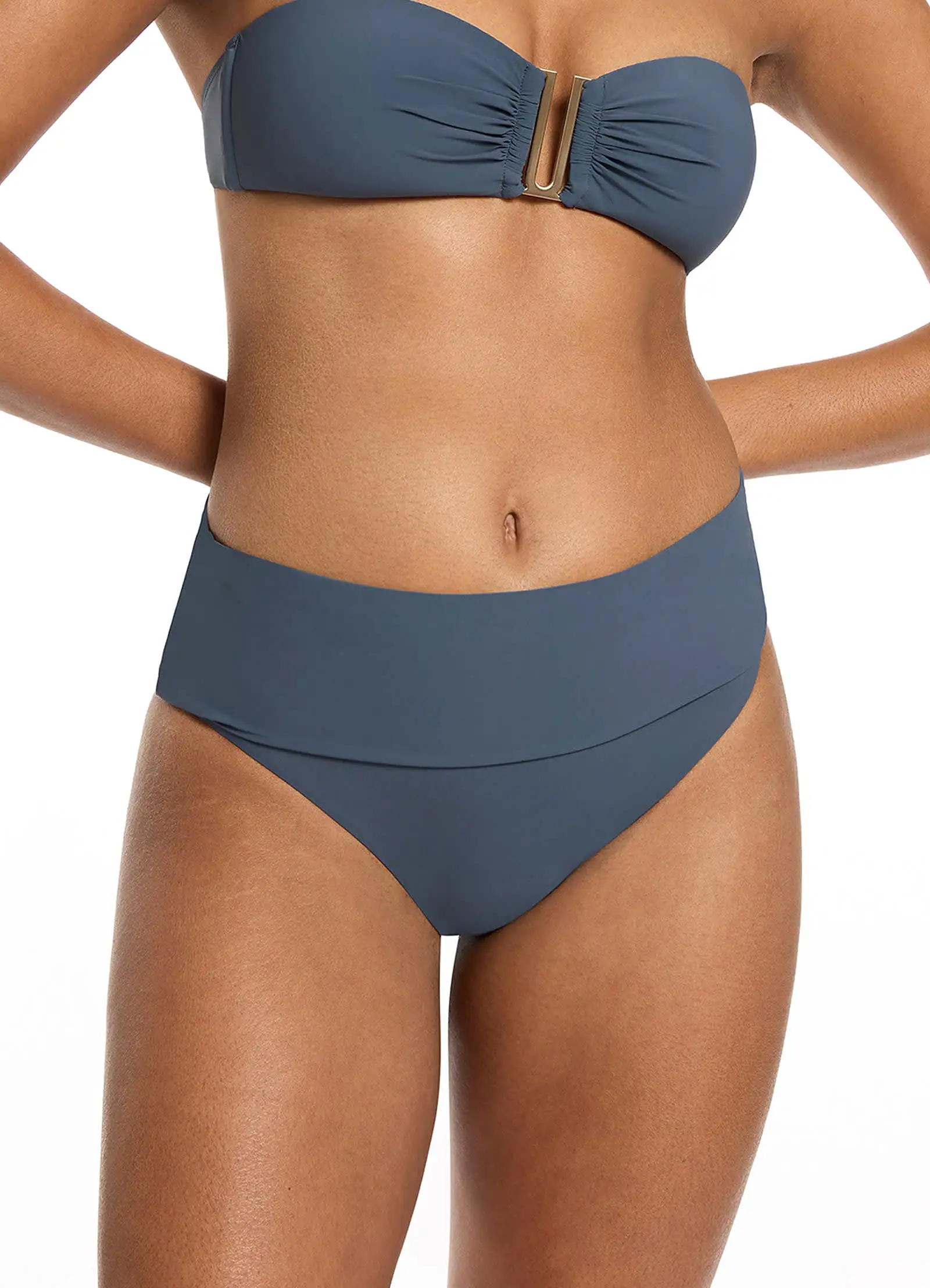 Jetset Fold Down High Waisted Bikini Bottom - Steel Blue