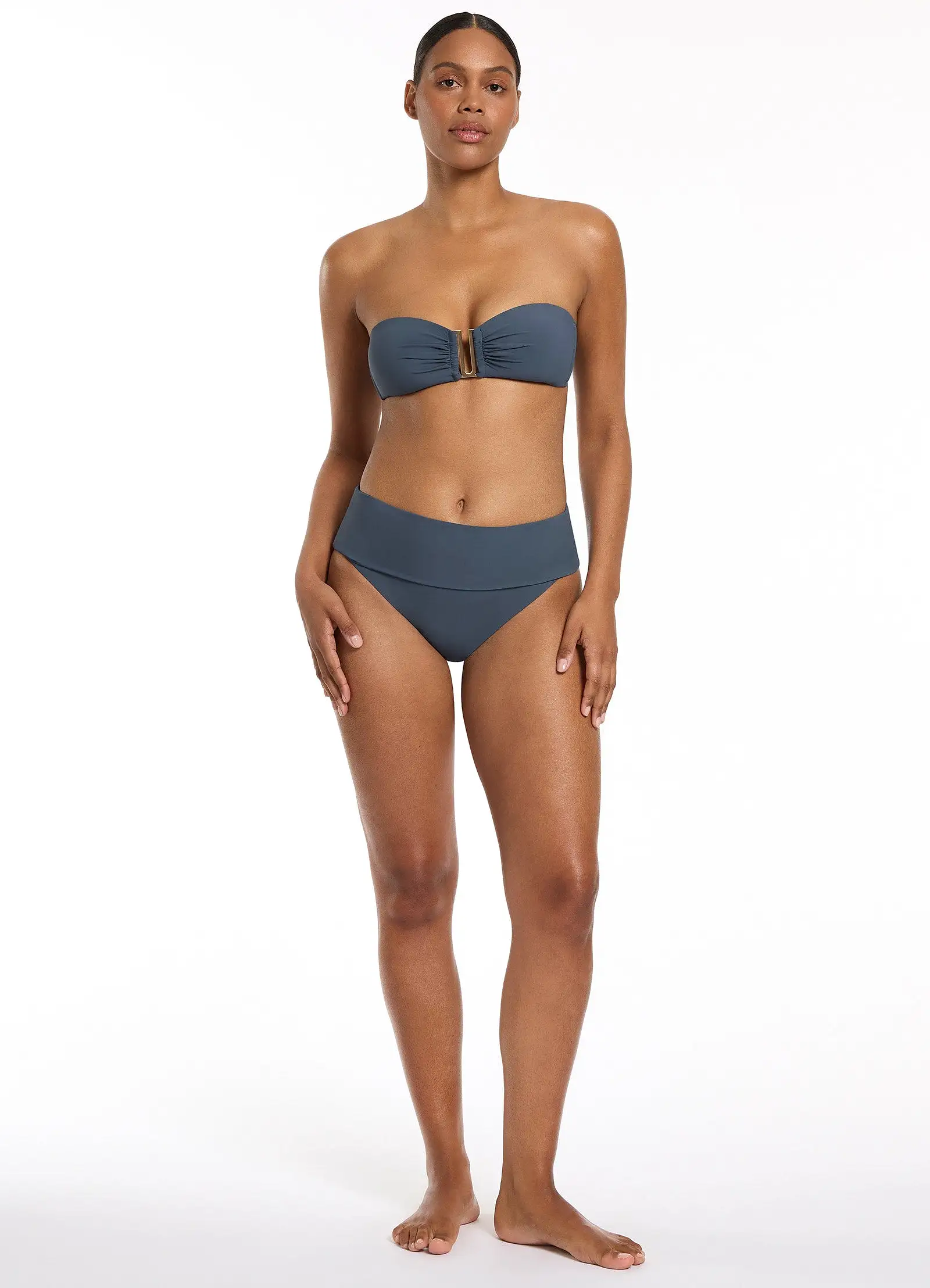 Jetset Fold Down High Waisted Bikini Bottom - Steel Blue