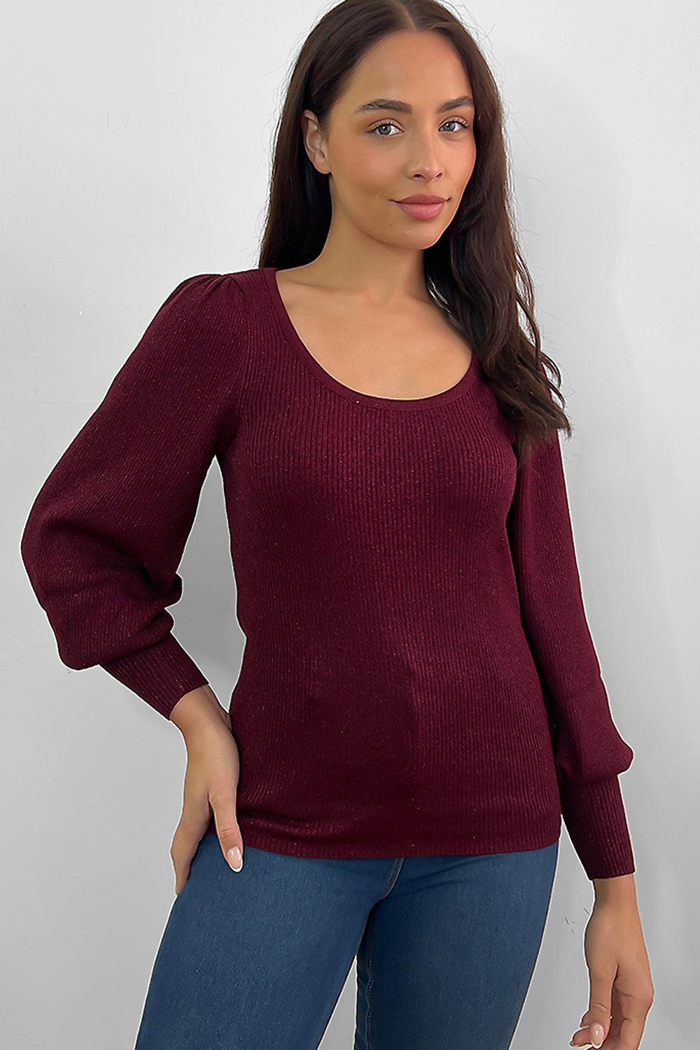 Lantern Sleeves Scoop Neck Pullover