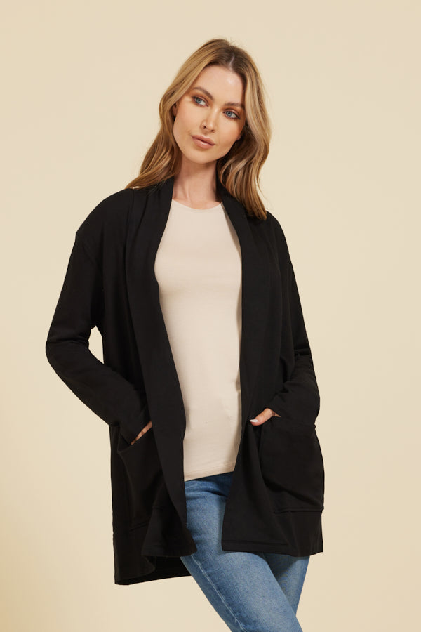 Majestic French Terry Long Sleeve Open Cardigan in Black