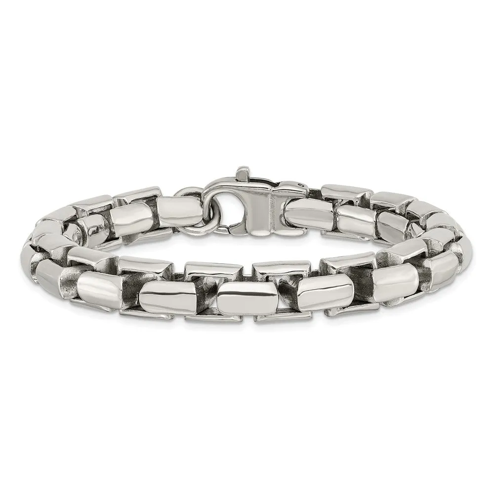 Men's 10mm Stainless Steel Fancy Square Box Chain Bracelet, 8.5 Inch