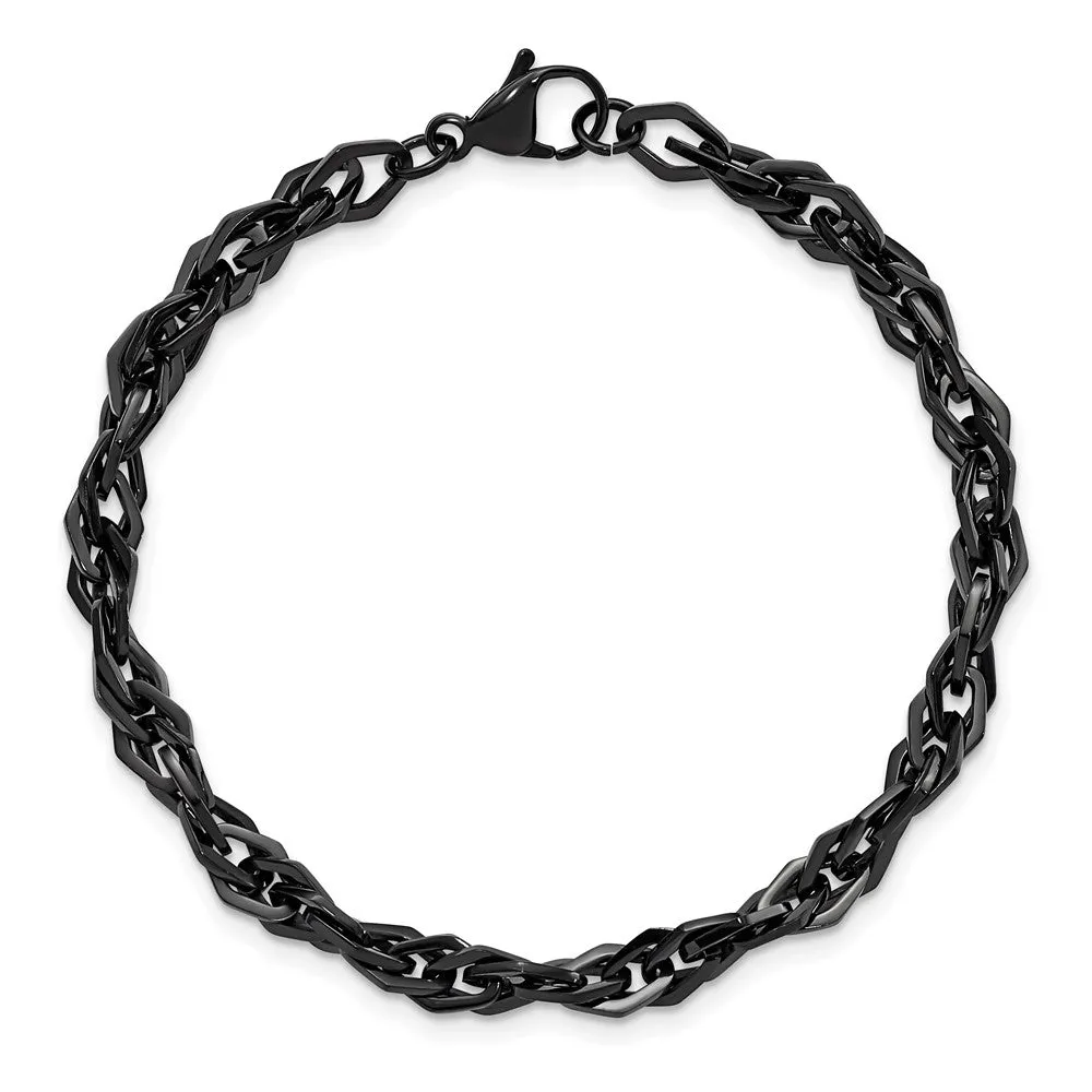 Mens 6mm Black Plated Stainless Steel Fancy Link Chain Bracelet, 9 In