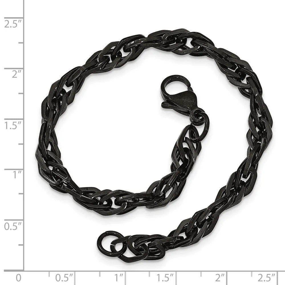 Mens 6mm Black Plated Stainless Steel Fancy Link Chain Bracelet, 9 In