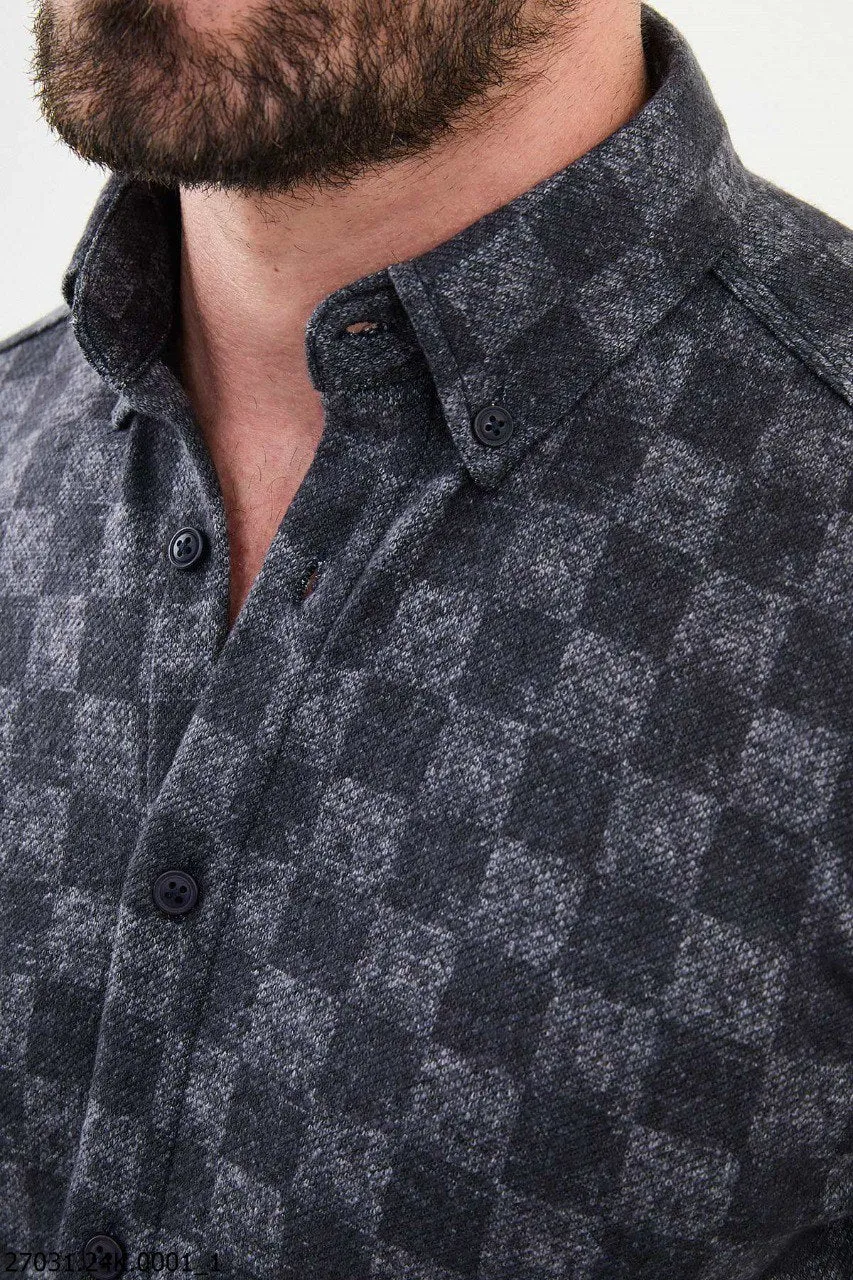 Men's Dark Gray Checkerboard Casual Shirt