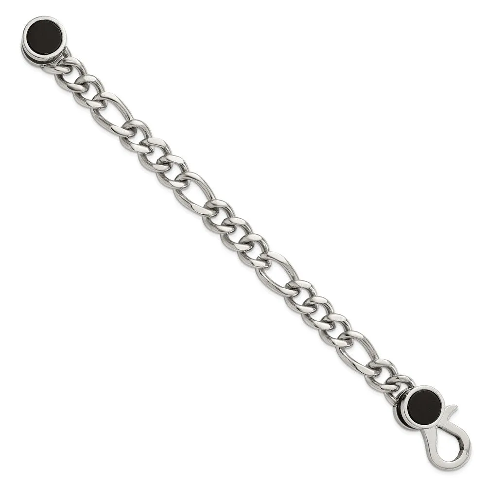 Men's Stainless Steel & Black Agate Fancy Figaro Chain Bracelet, 8 In