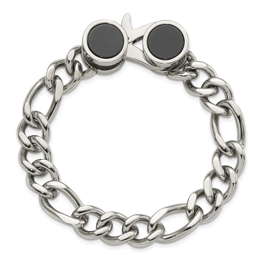 Men's Stainless Steel & Black Agate Fancy Figaro Chain Bracelet, 8 In