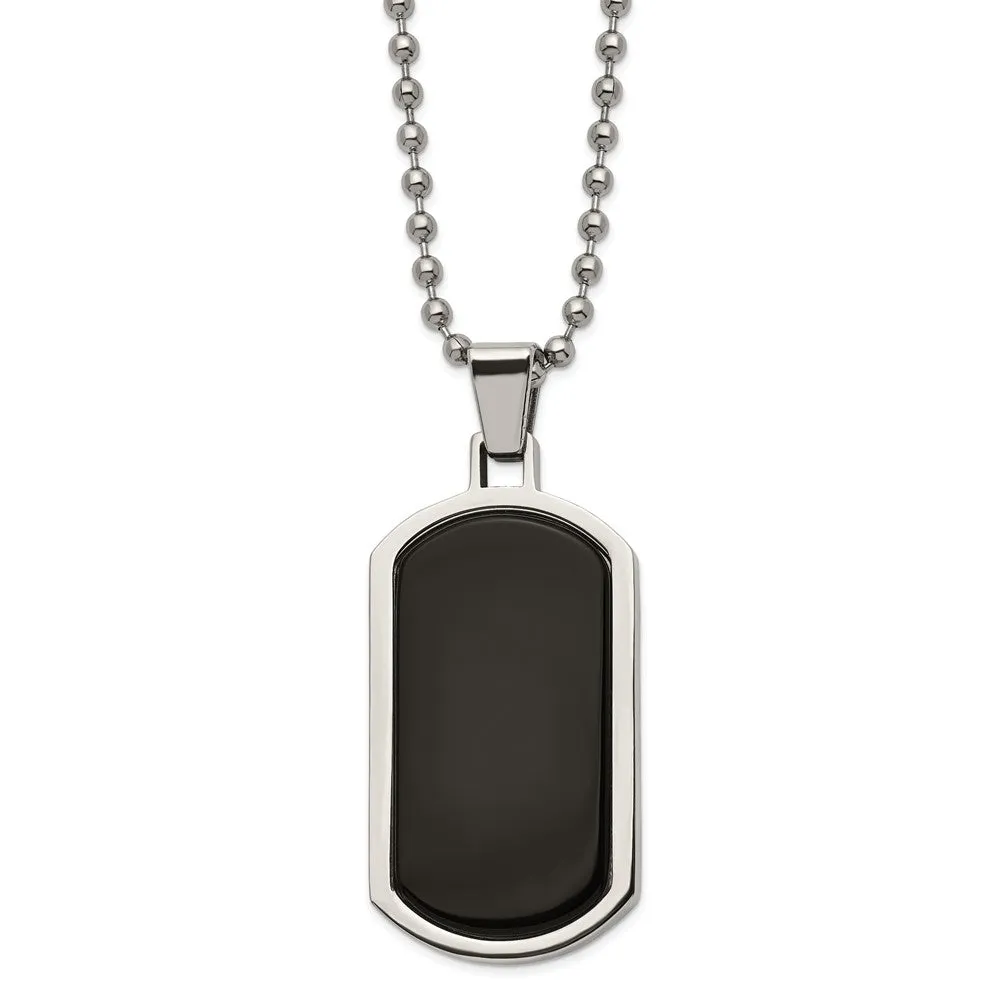 Men's Stainless Steel & Black Agate Inlay Dog Tag Necklace, 22 Inch