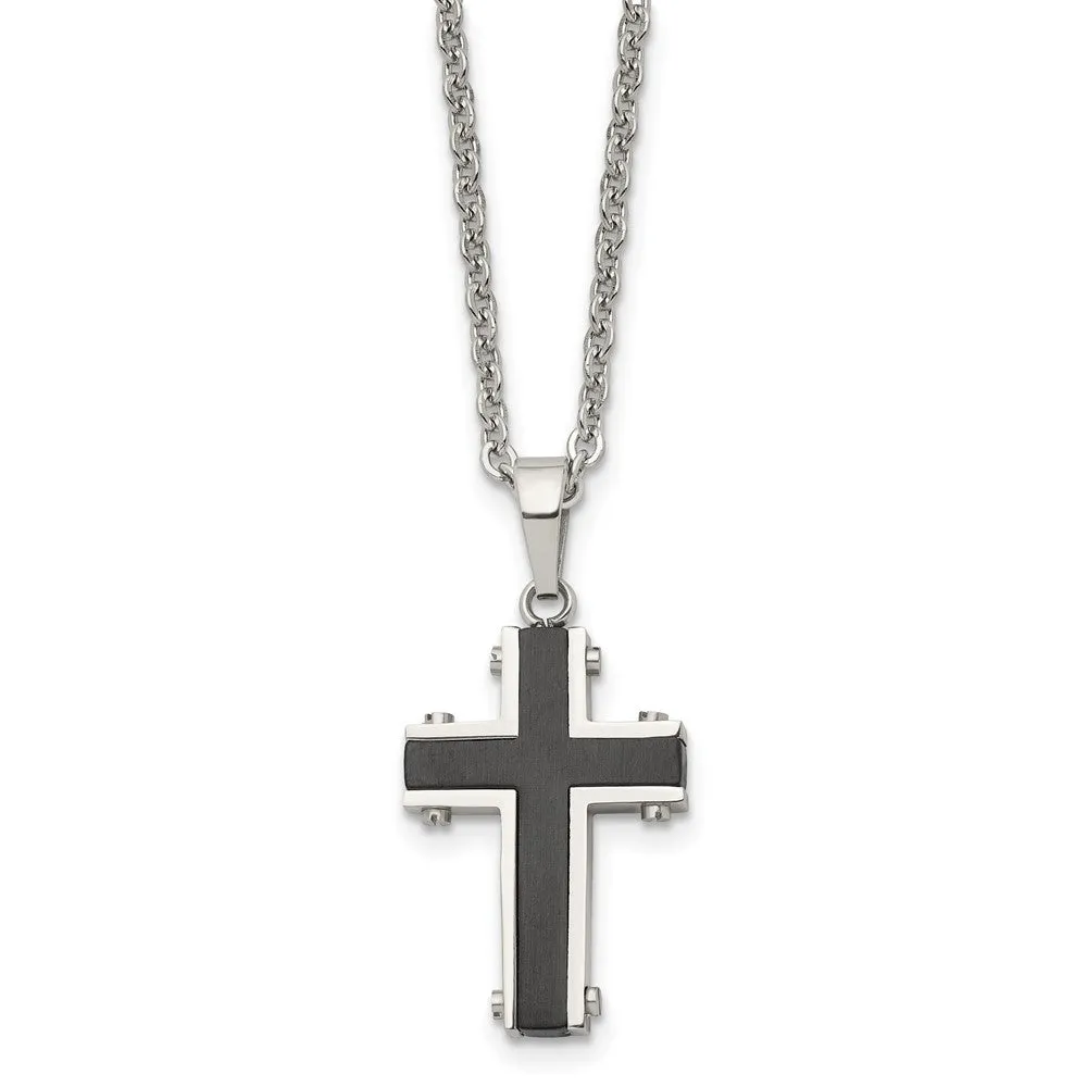 Men's Stainless Steel & Black Plated Small Cross Necklace, 22 Inch