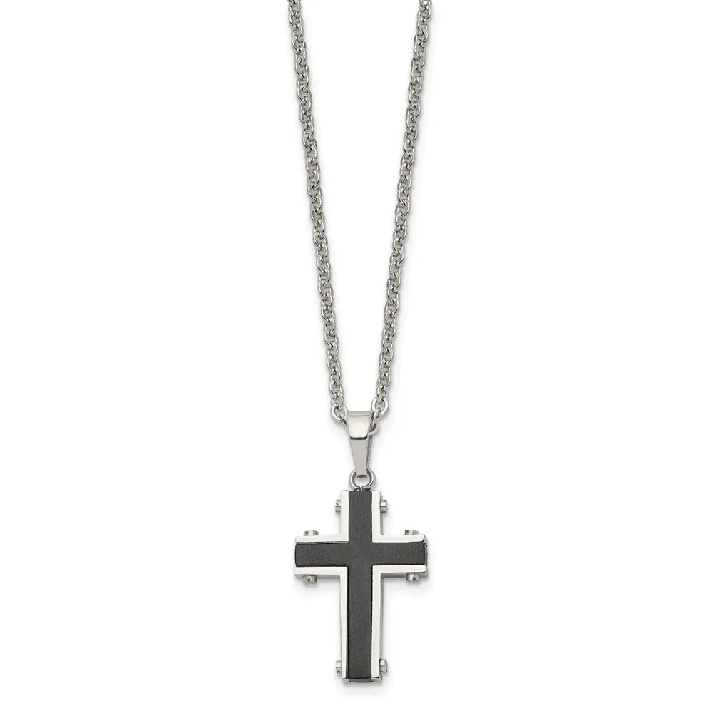 Men's Stainless Steel & Black Plated Small Cross Necklace, 22 Inch