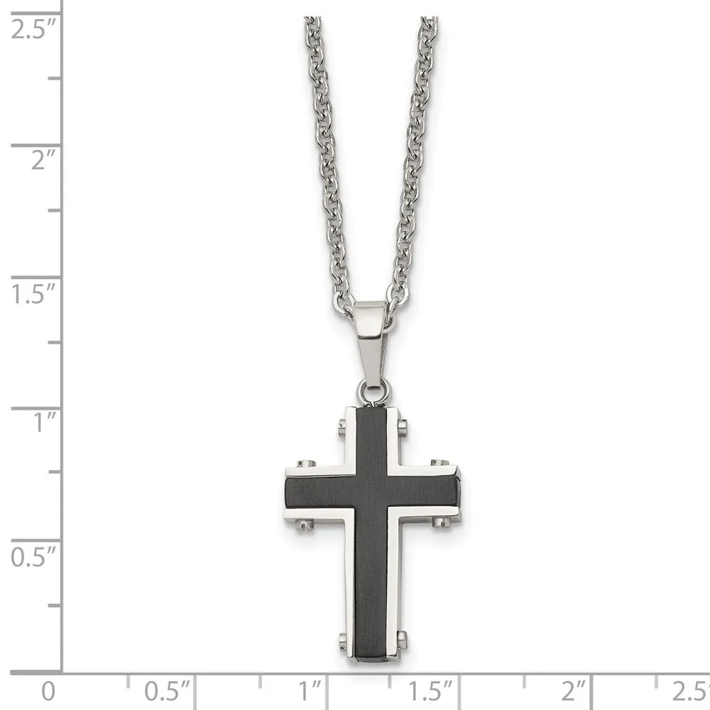 Men's Stainless Steel & Black Plated Small Cross Necklace, 22 Inch