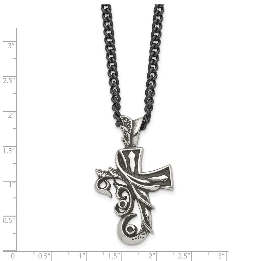 Men's Stainless Steel Antiqued Fancy Scroll Cross Necklace, 20 Inch