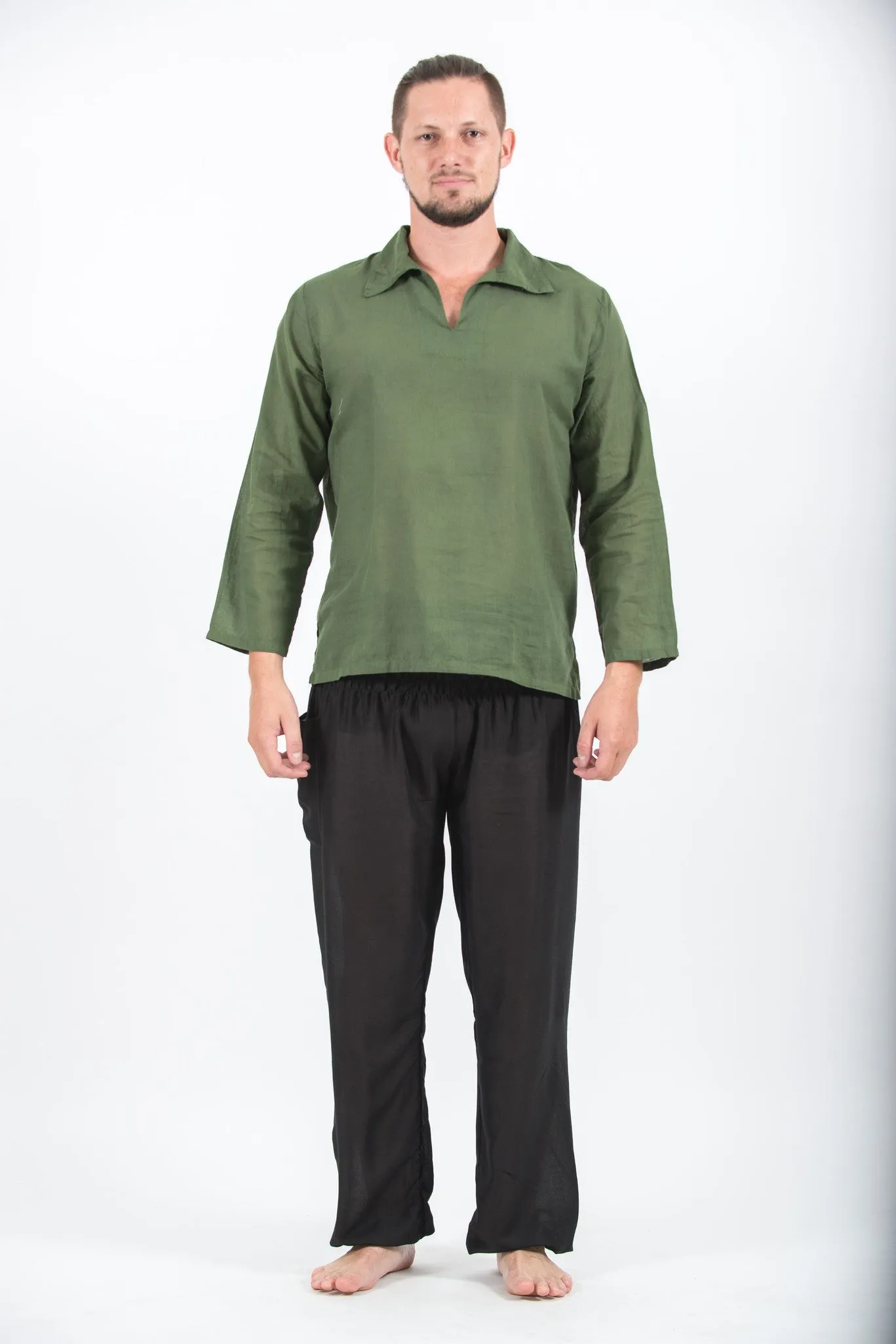 Mens Yoga Shirts Collar V Neck in Olive