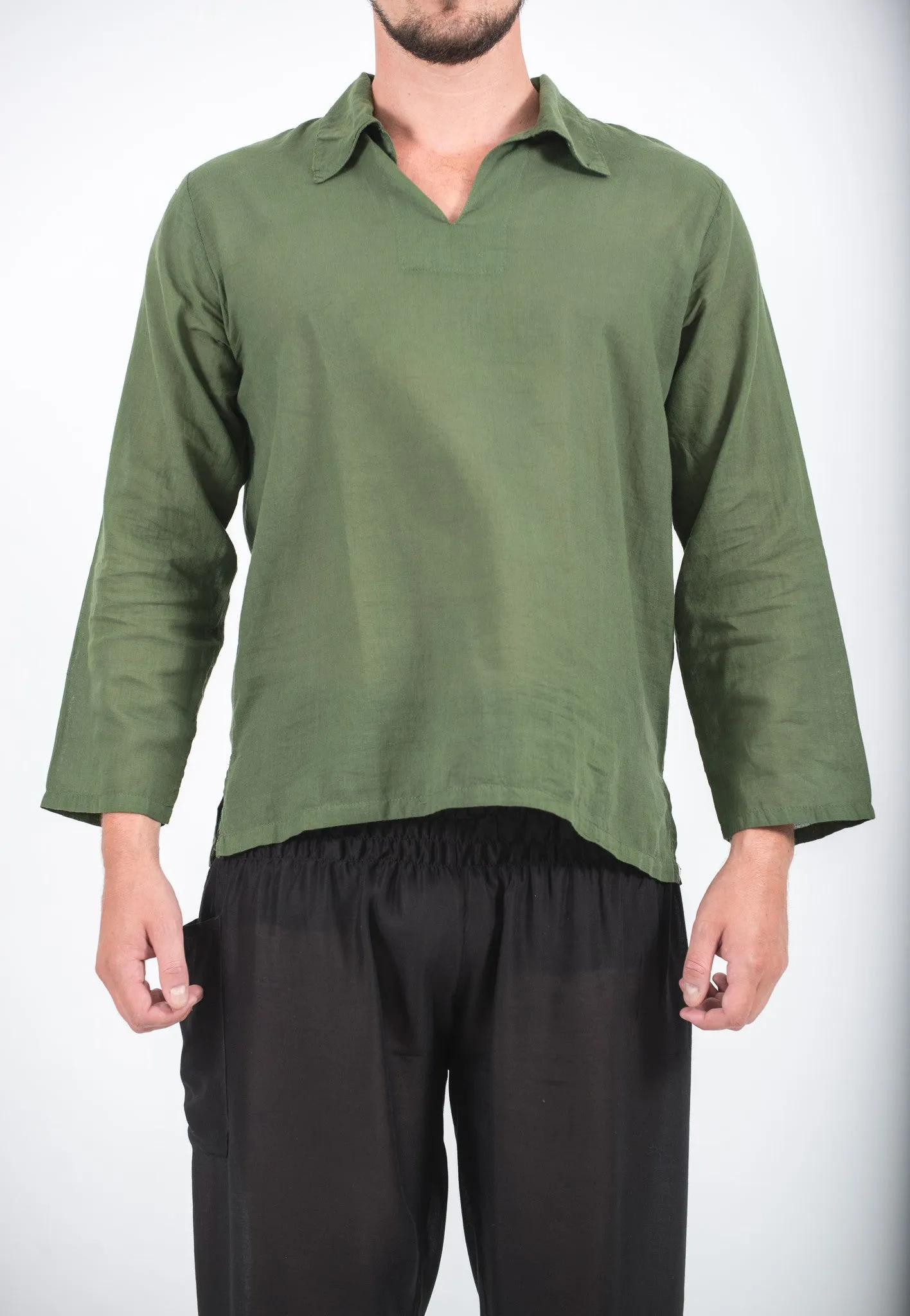 Mens Yoga Shirts Collar V Neck in Olive