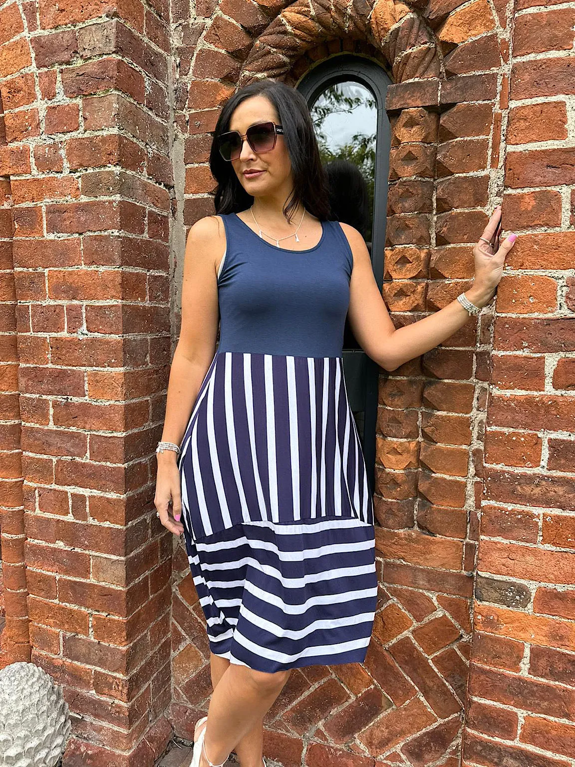 Navy Multi Stripe Strap Dress Gabriella