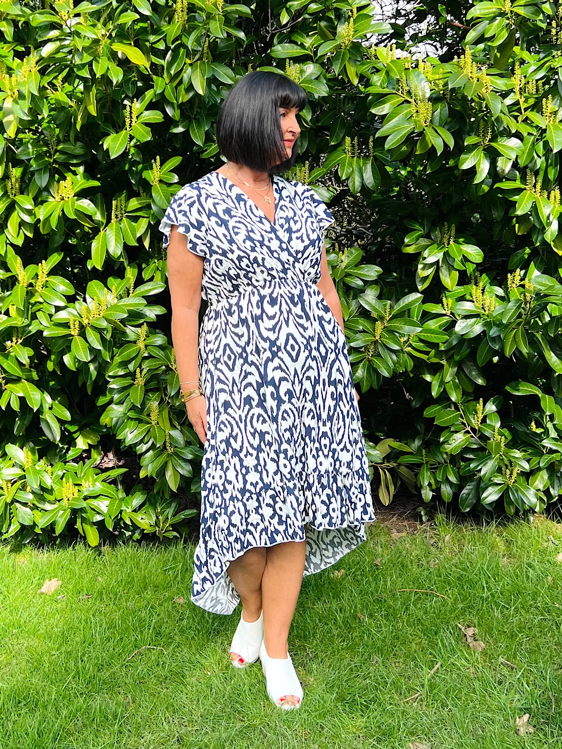 Navy Patterned Short Sleeve Dress Meg