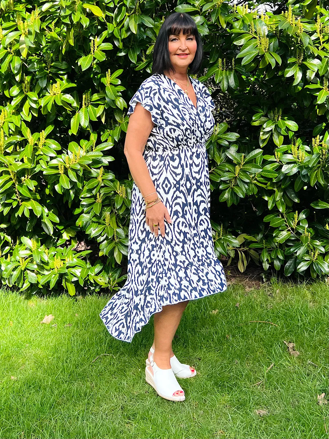 Navy Patterned Short Sleeve Dress Meg