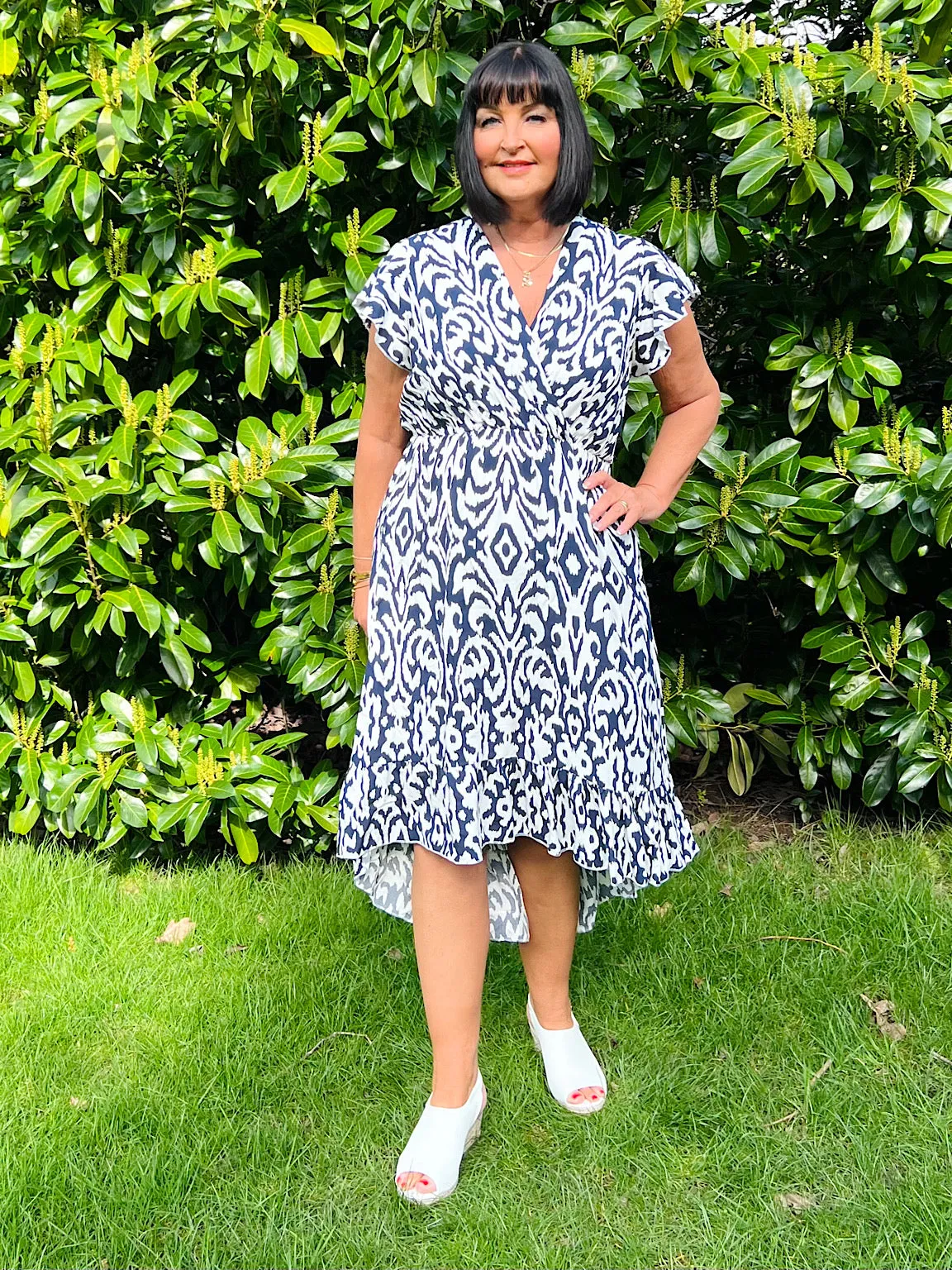 Navy Patterned Short Sleeve Dress Meg