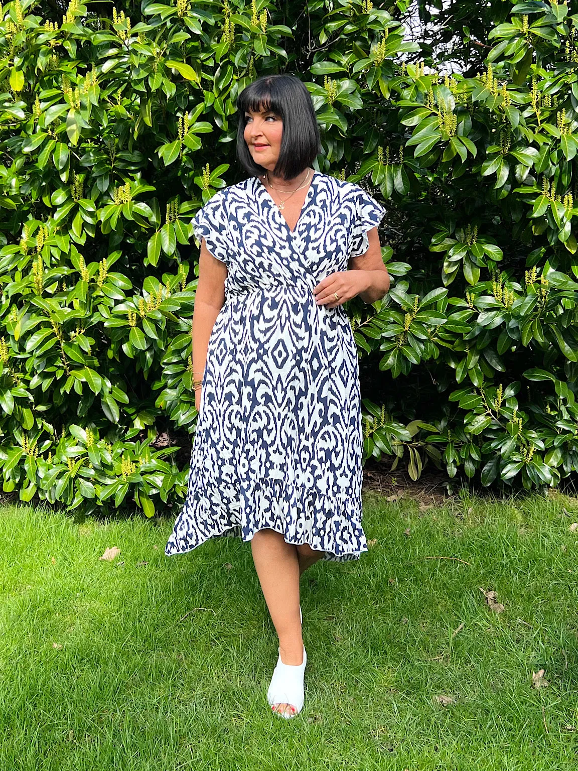 Navy Patterned Short Sleeve Dress Meg