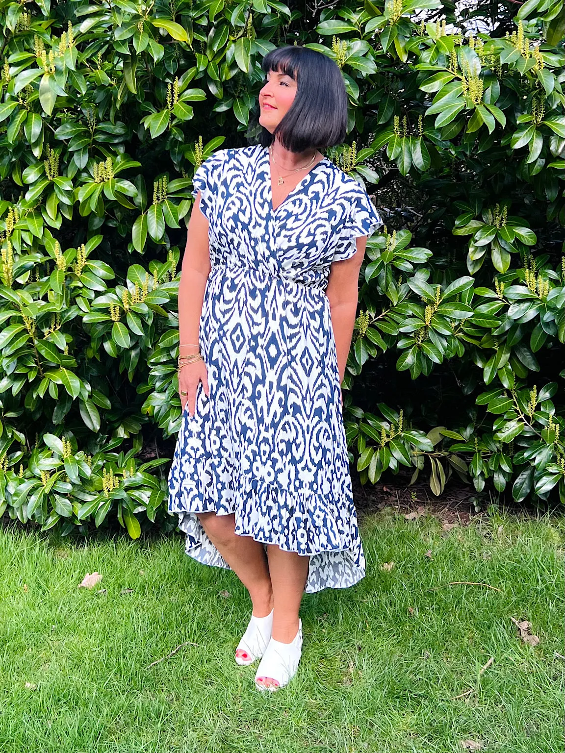 Navy Patterned Short Sleeve Dress Meg