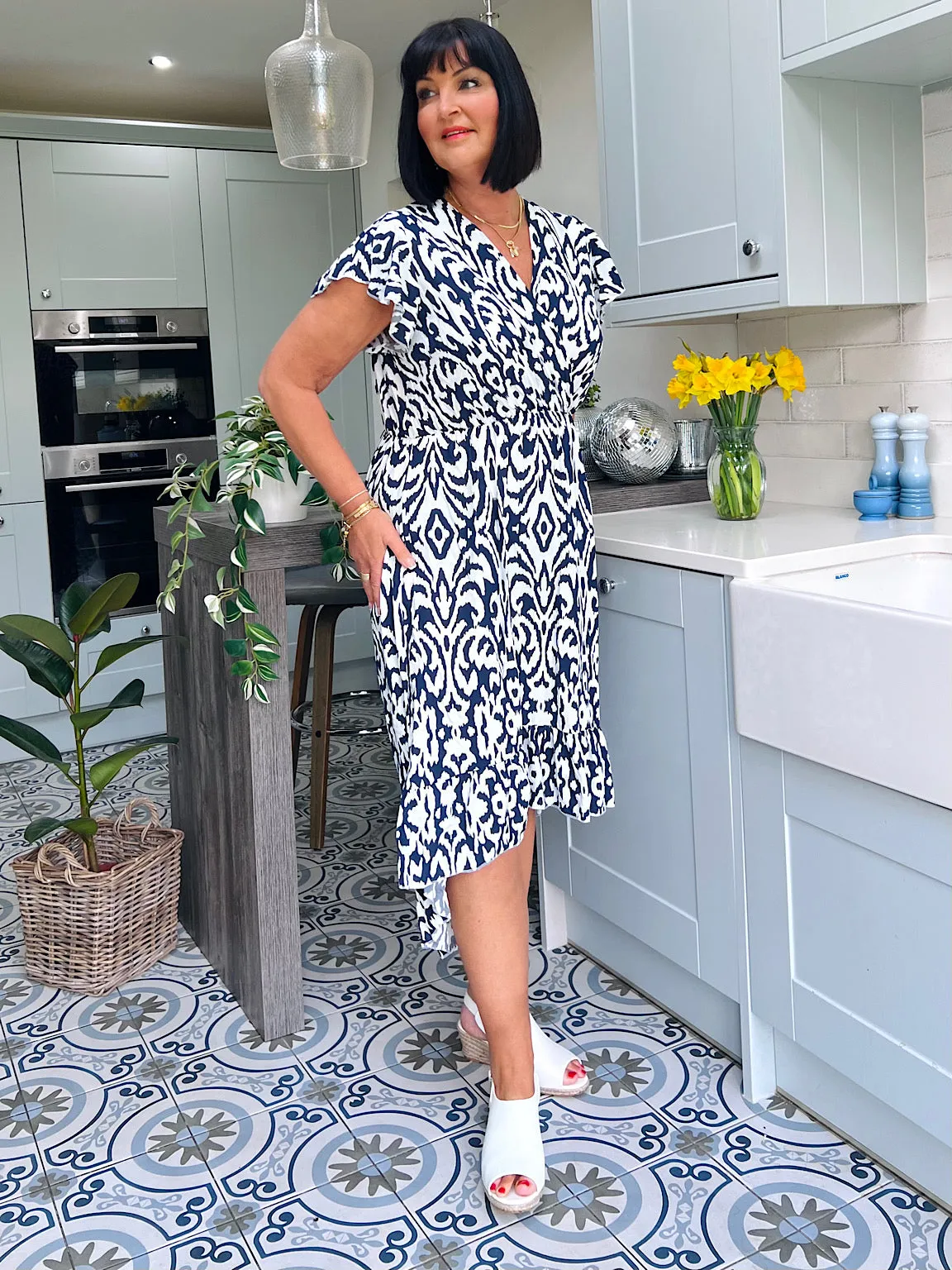 Navy Patterned Short Sleeve Dress Meg