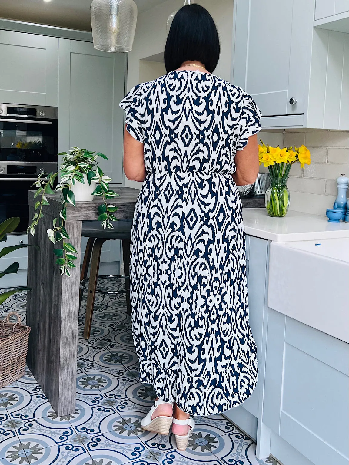 Navy Patterned Short Sleeve Dress Meg