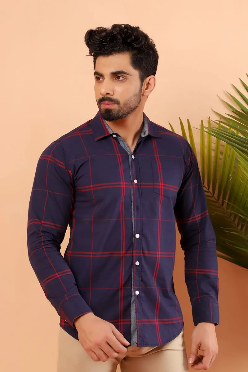 Navy Windowpane Casual Shirt FS Regular Fit