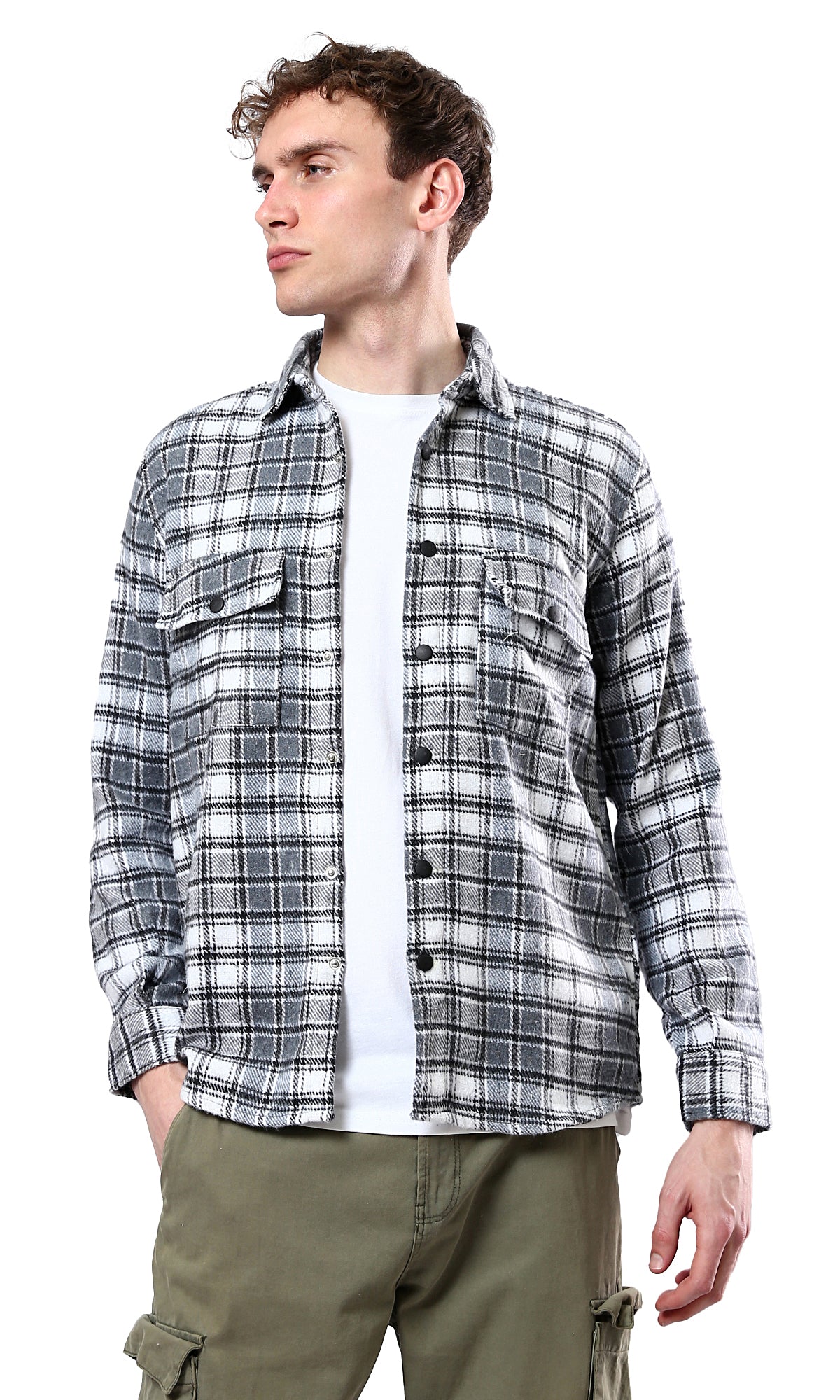 O180405 Plaids Dark Grey & White Buttoned Winter Shirt