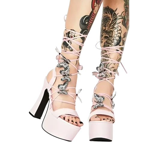 Open Toe Cross Tied Butterfly Decor Chunky Hi-heel Pumps for Women