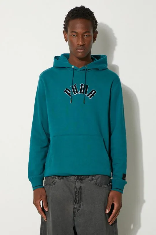 Puma cotton sweatshirt Classics Play Paris Hoodie men's turquoise color hooded 626766