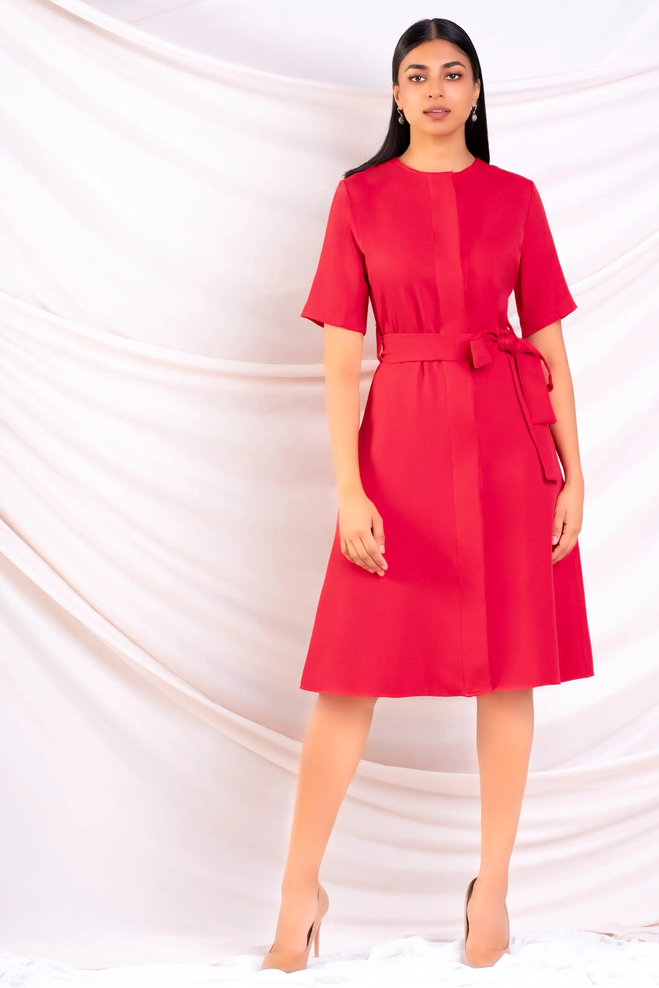 Red Waist Tie Detail Dress