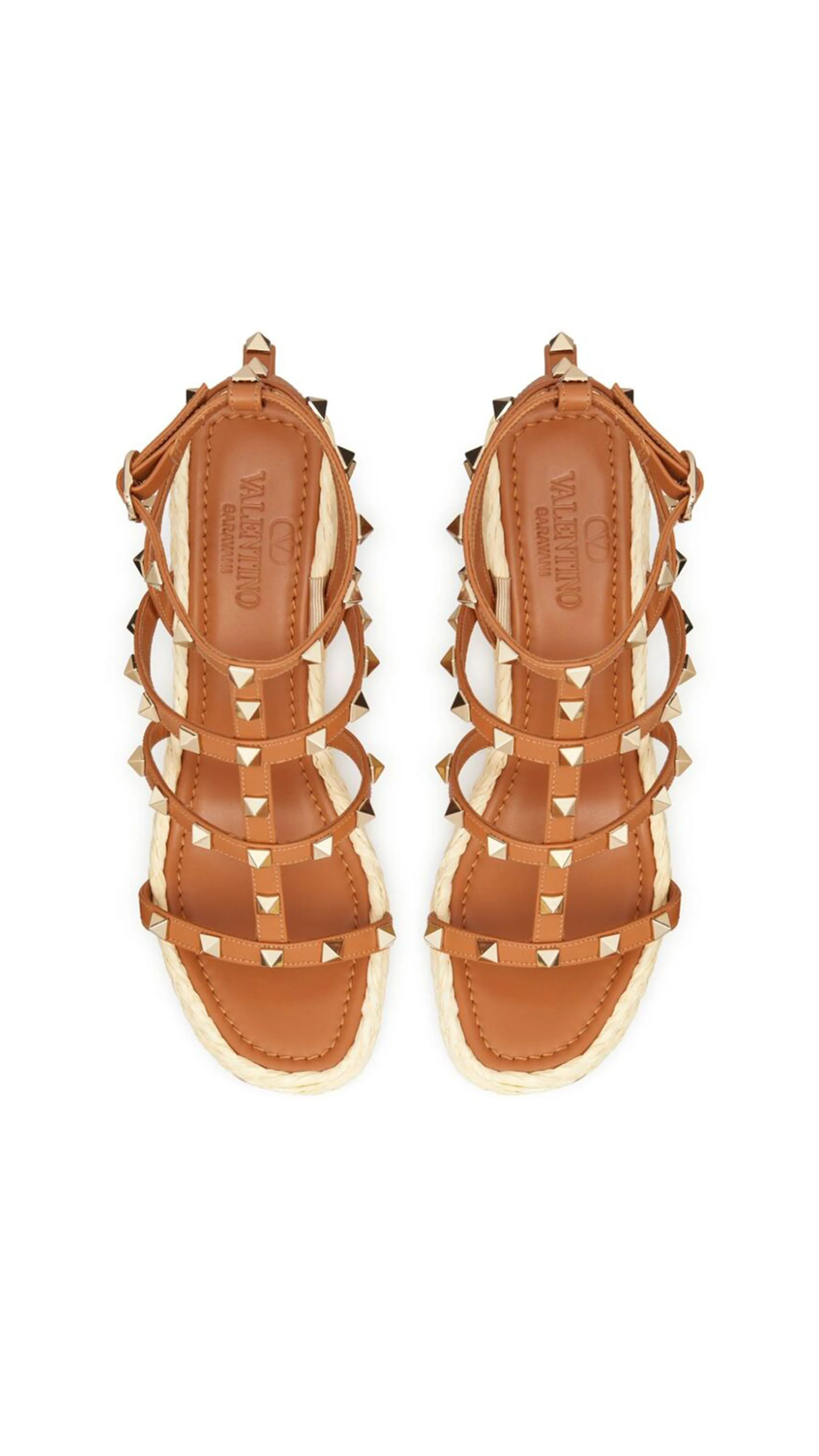 Rockstud Wedge Sandals with Calfskin Straps 95MM - Natural/Almond