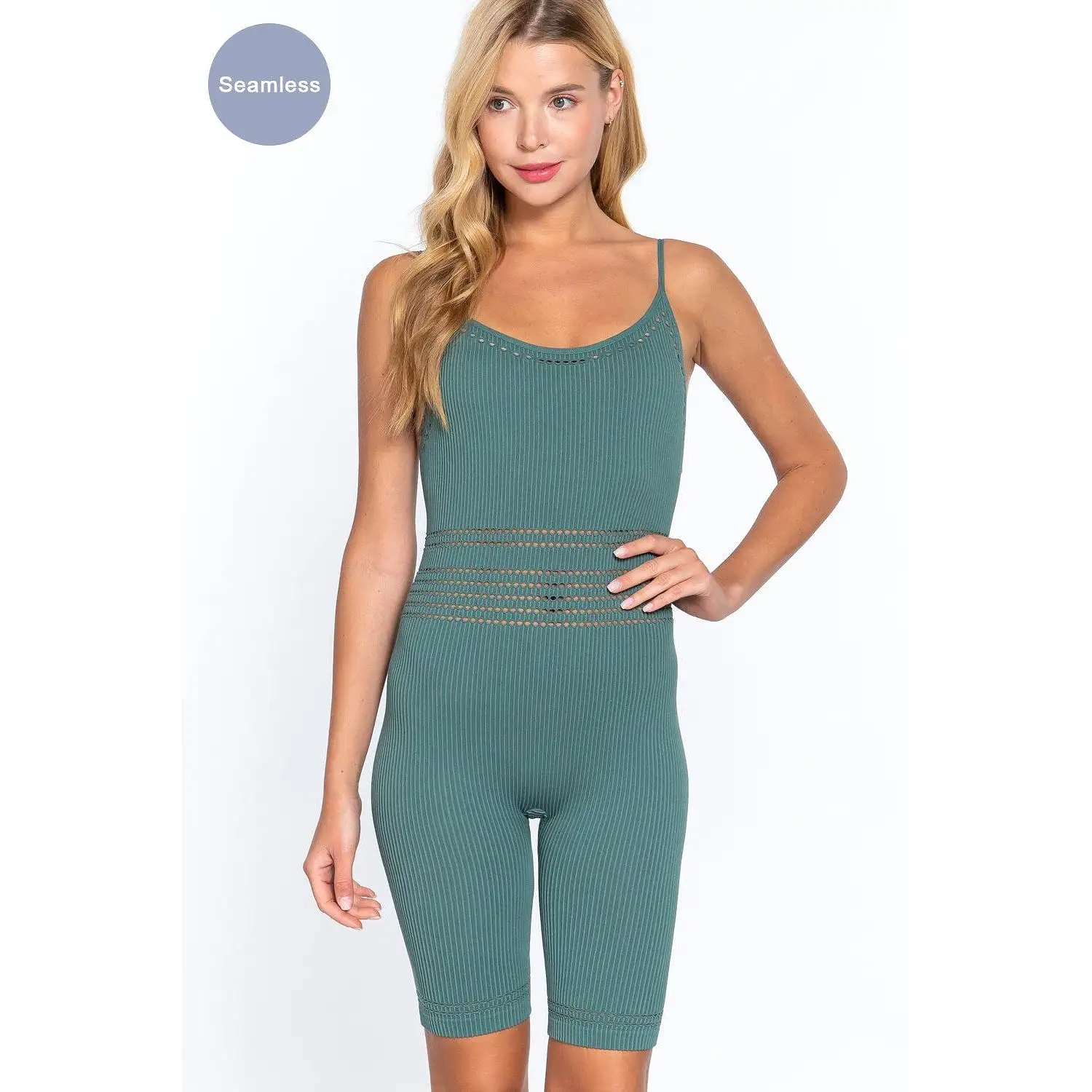 Round Neck Pointelle Detail Seamless Rib Romper