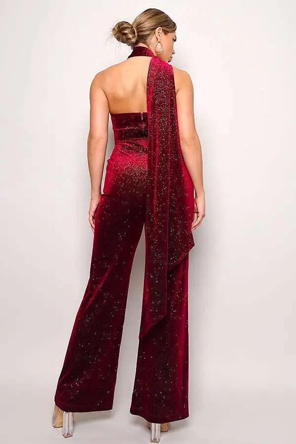 Scarf Top Glitter Velvet Jumpsuit