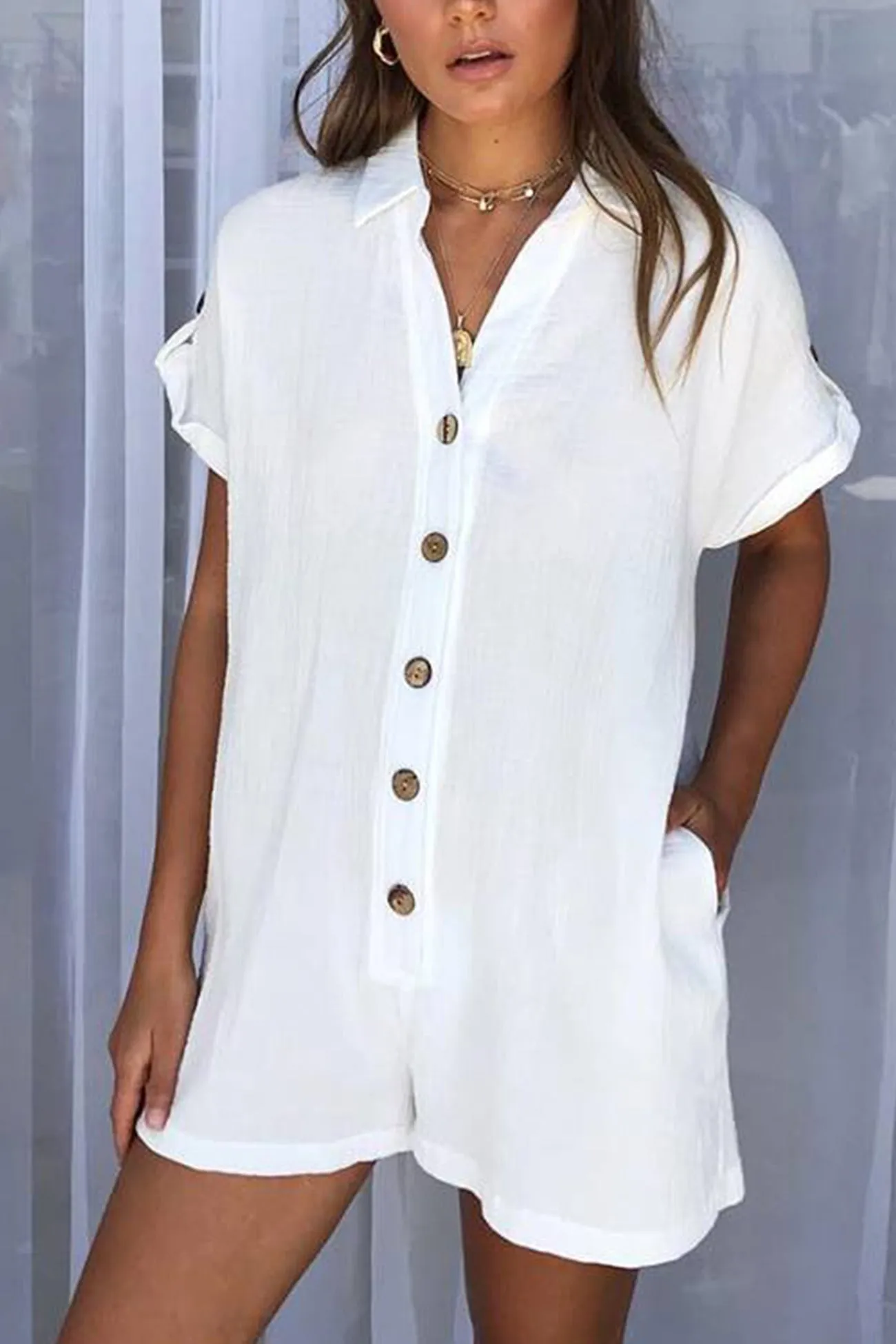 Single-breasted Pocketed Shirt Rompers