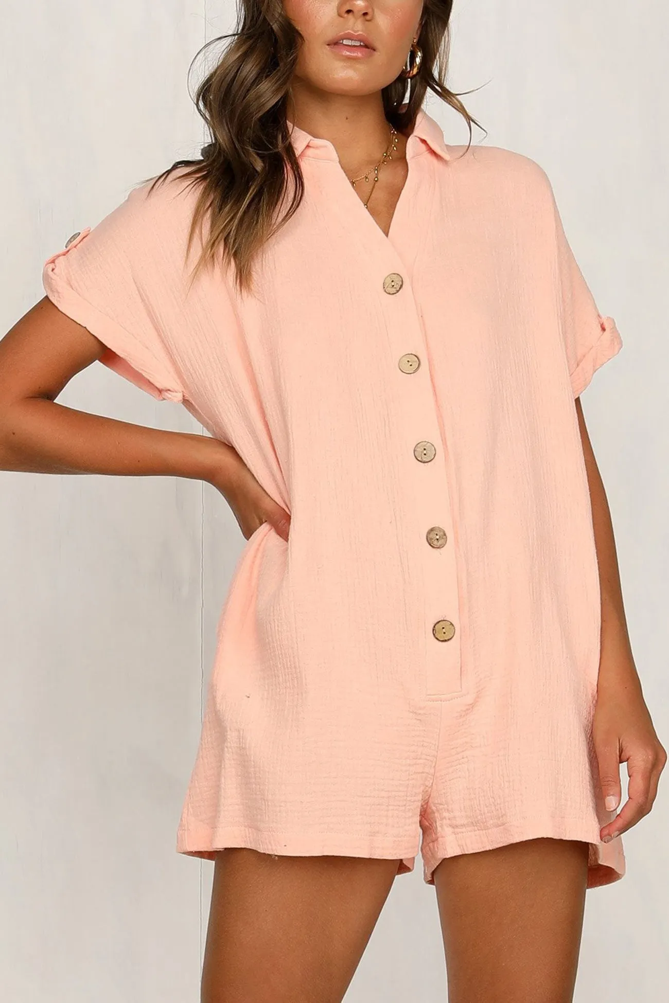 Single-breasted Pocketed Shirt Rompers