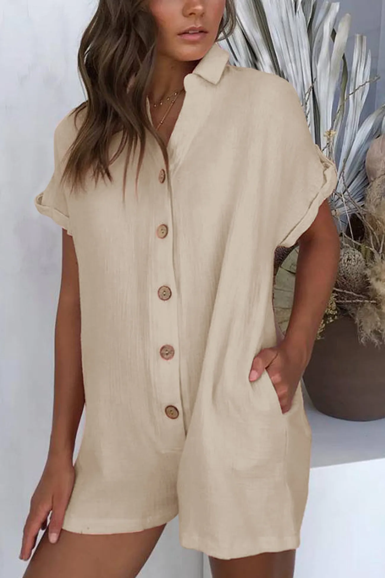 Single-breasted Pocketed Shirt Rompers