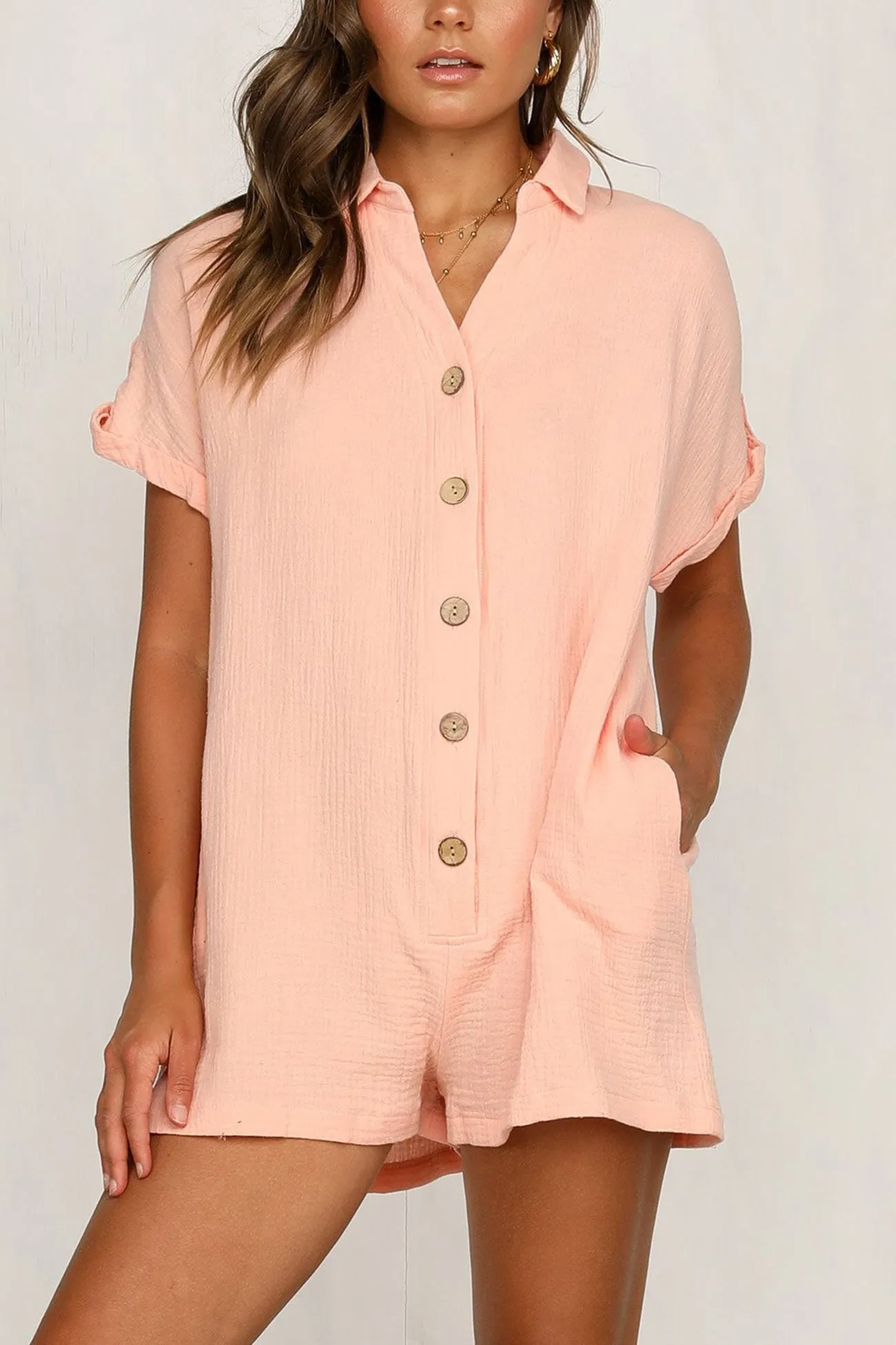 Single-breasted Pocketed Shirt Rompers