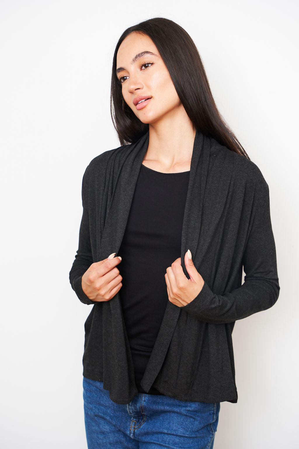 Soft Touch Open Cardigan in Dark Gray