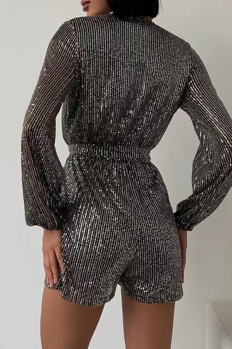 Solid Bandage Sequins V Neck Loose Rompers