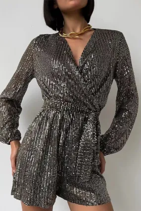 Solid Bandage Sequins V Neck Loose Rompers