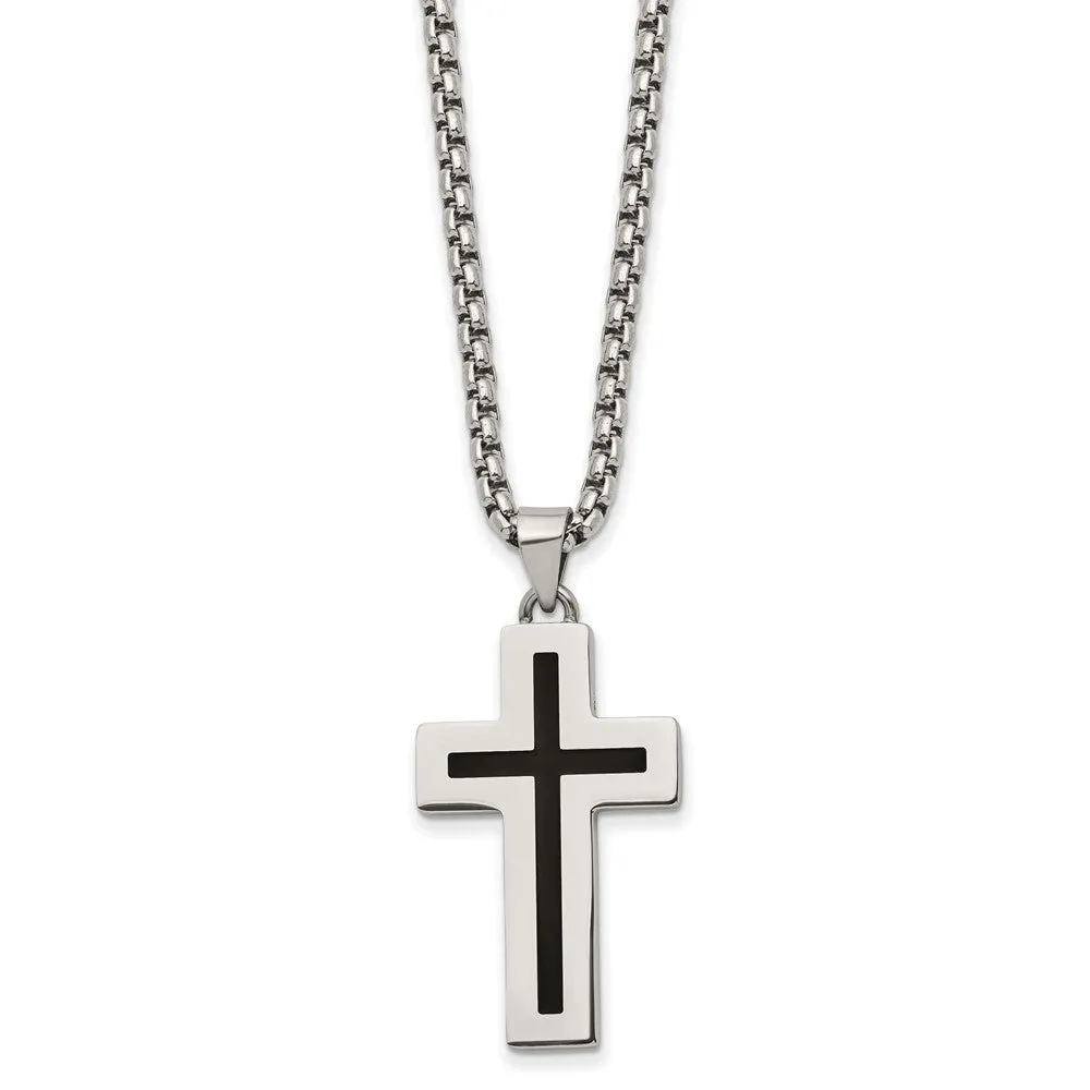 Stainless Steel & Black Enamel Small Cross Necklace, 24 Inch